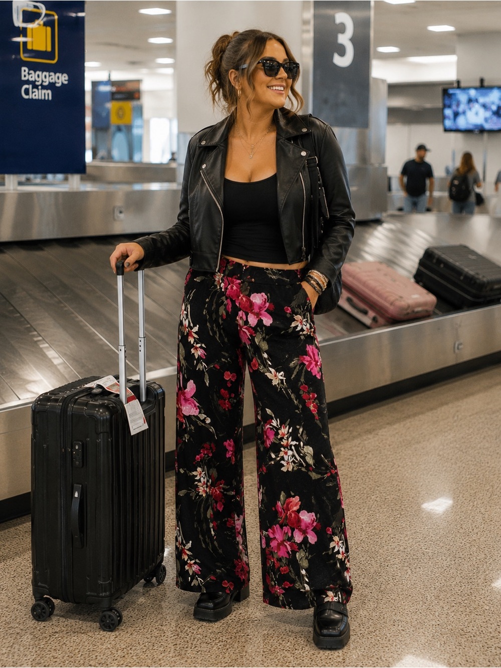 Popana Black Wide-Leg Pants with Pink Floral Print